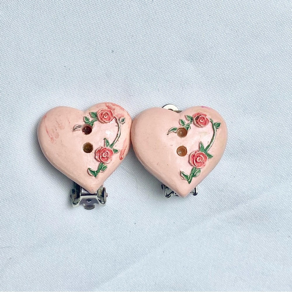 Vintage Hand-Painted Pink Heart Wood Clip-On Earrings Rose Floral Details